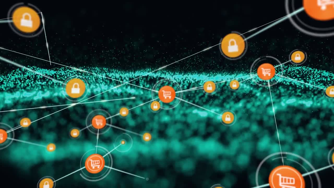 Animation of network of connections with digital icons over green mesh