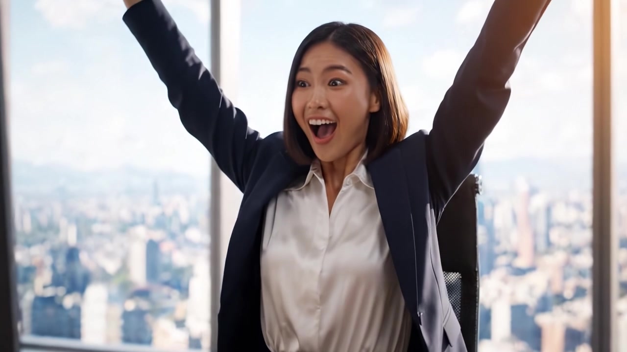 息をのむような都市の景色が広がるモダンなオフィスで、自信に満ちたビジネスウーマンが重要な功績を祝っています。彼女のプロフェッショナルな人生における決意と成功が際立っています。