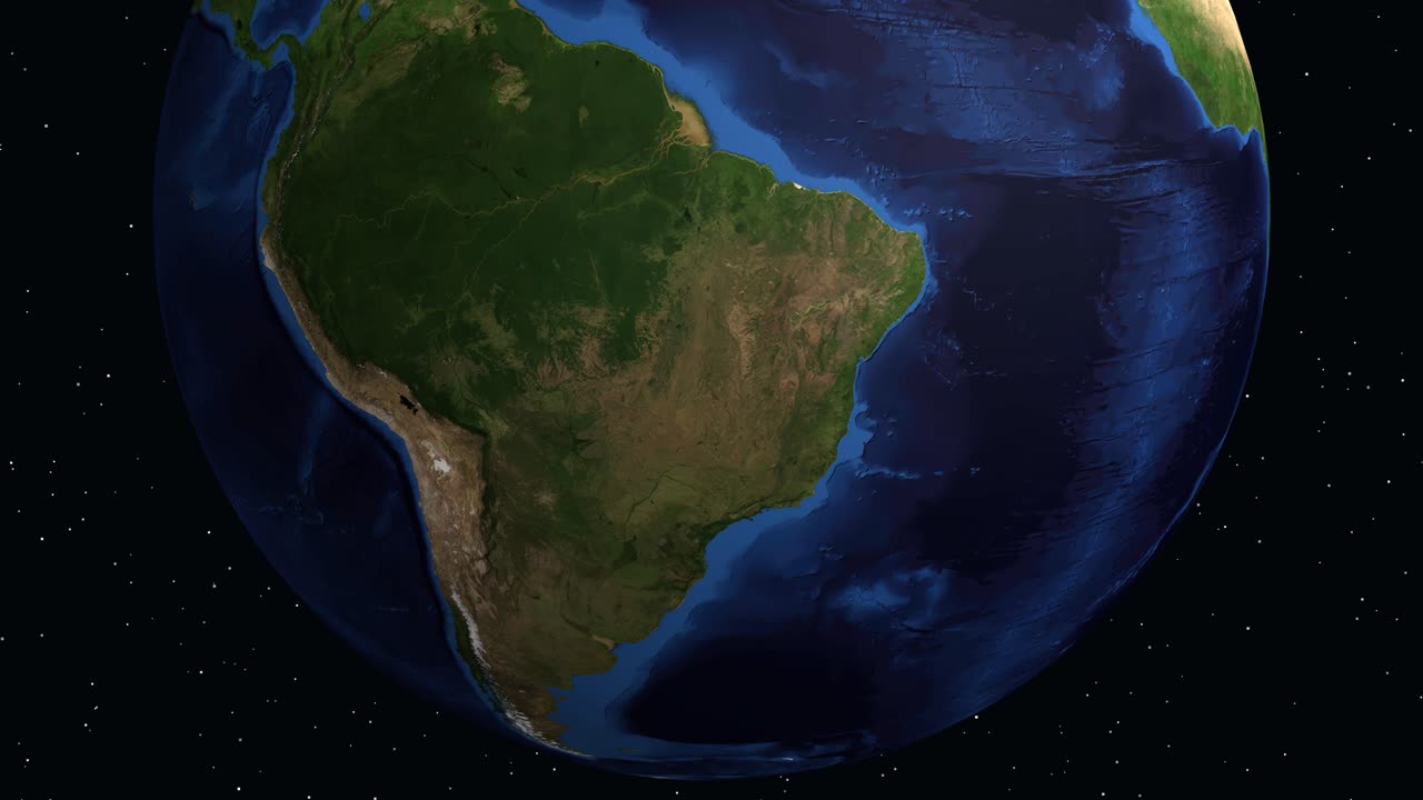 Un globo 3D rotante ingrandisce dallo spazio il Sud America, evidenziando Iquique con i dati.