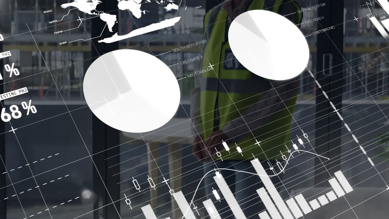 사무실에서 백인 여성 건축가에 대한 통계 데이터 처리의 애니메이션