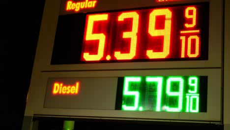 gas station prices led light up sign for regular and diesel fuel at night over 5 dollars per gallon credit and cash price, during 2021 2022 war time recession, ground up shot panning down and out