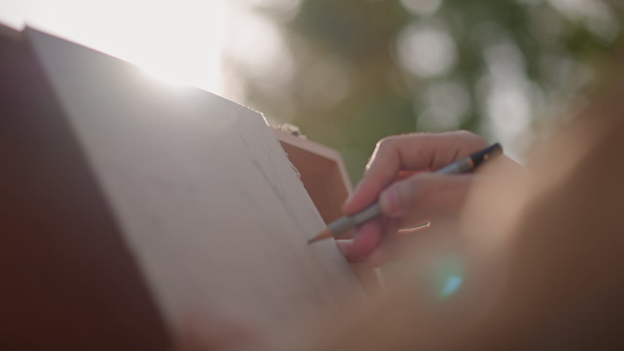 Artist sketching on easel outdoors, closeup hands guiding pencil across textured paper, warm backlight creating sun flare and soft bokeh, urban park background, calm creative mood, cinematic pans