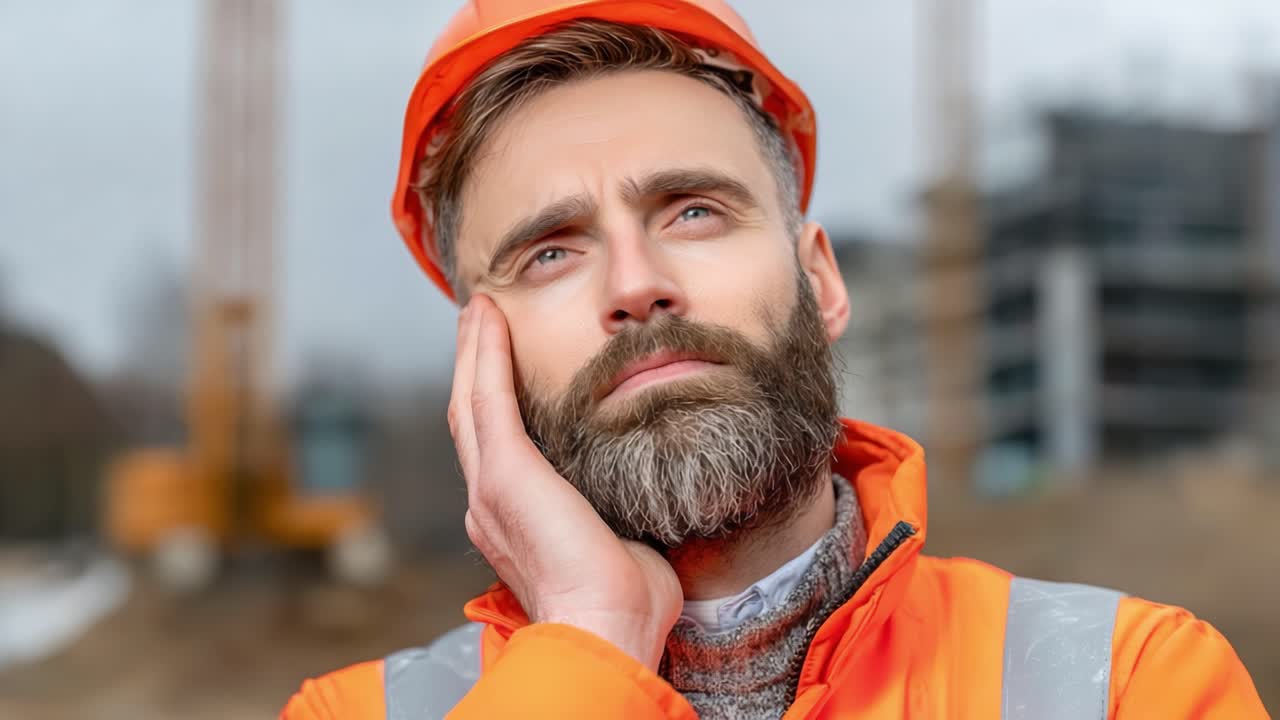 A contemplative construction worker in an orange vest and helmet pauses thoughtfully at a job site, reflecting on challenges and future projects amid a busy backdrop