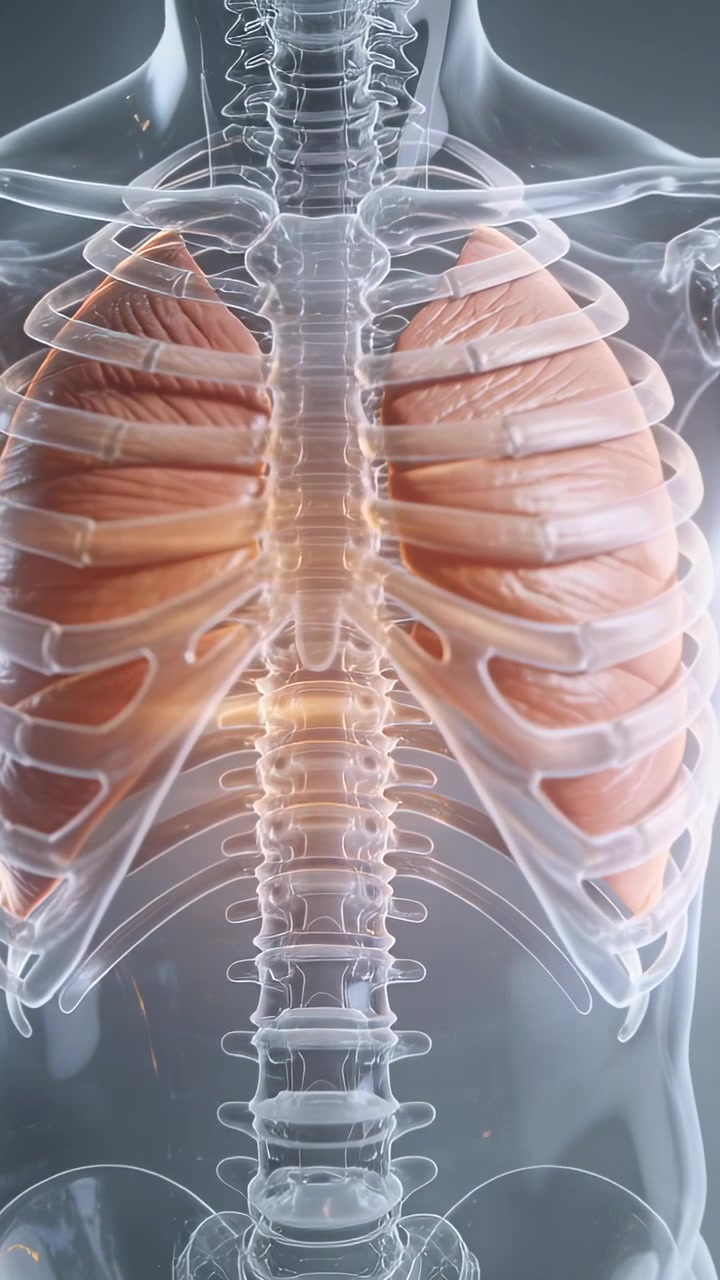 Video verticale: Telecamera in movimento che rivela un torace trasparente e polmoni che si espandono in uno studio medico.