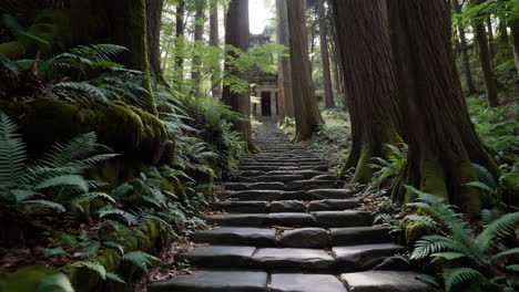 stone stairs leading to a japanese temple in a lush forest