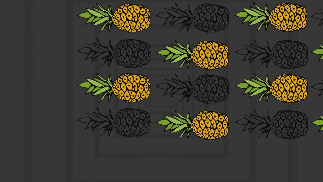 Animated pineapples radiate from a center, creating movement on a black background.