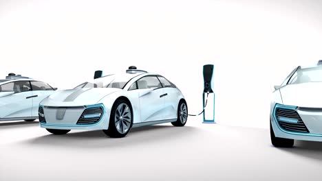 futuristic electric cars charging in charging stations. 3d animation.