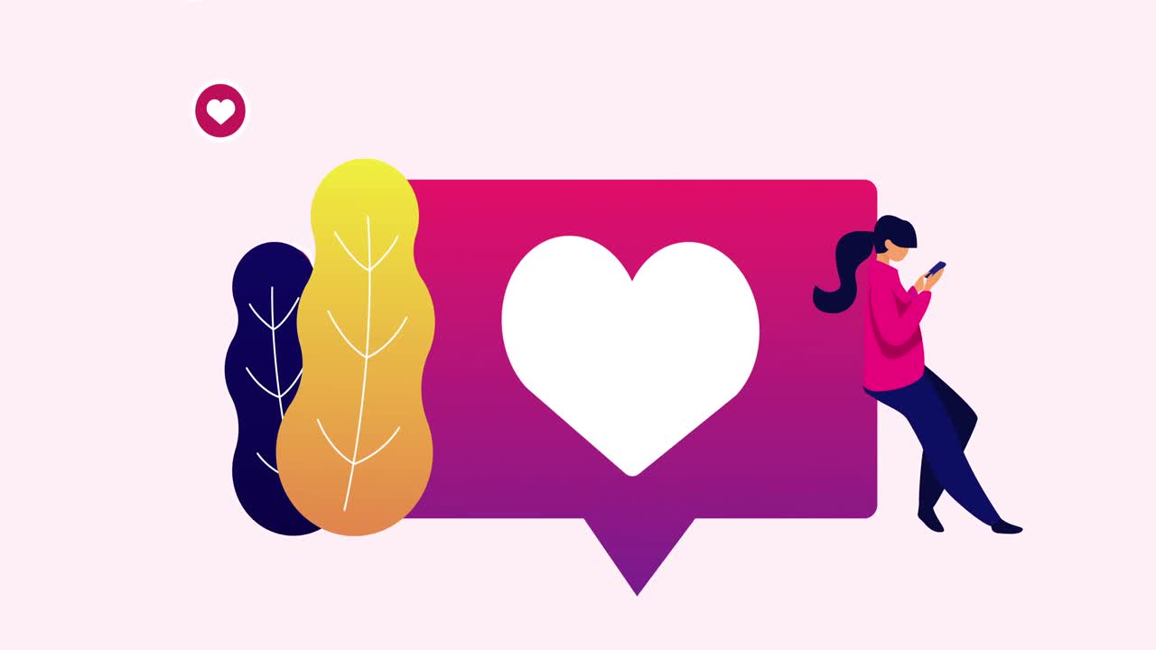 심장 아이콘에 기대어 스마트폰을 사용하는 여성의 애니메이션