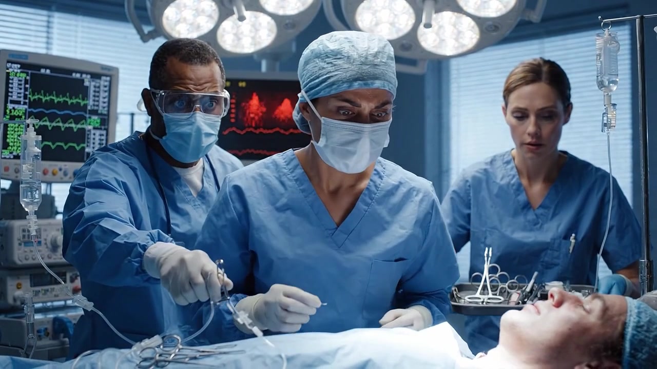 Un'intensa procedura chirurgica mostra professionisti medici concentrati e determinati mentre lavorano meticolosamente per salvare la vita di un paziente in un moderno ambiente di sala operatoria.