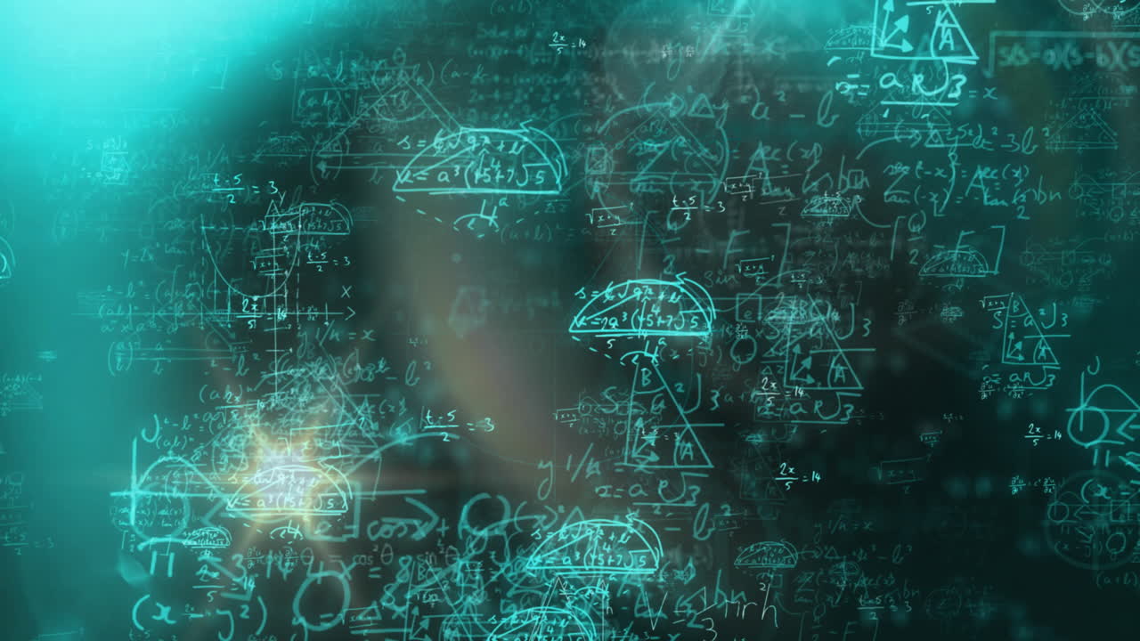 Animation of lens flares moving over mathematical equations and diagrams over abstract background