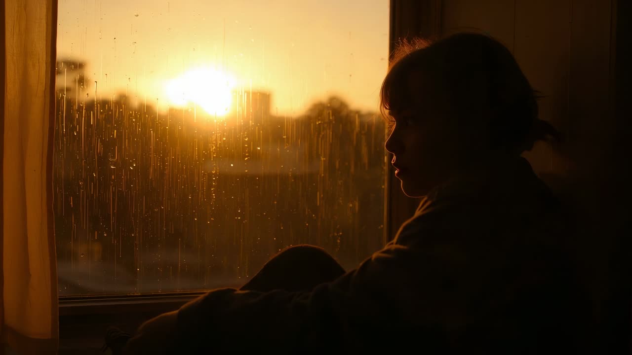 Gazing child sitting on sill, following low sun through raindrops, skyline, sweater, copy space
