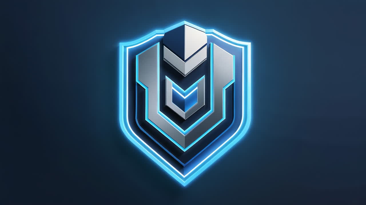 Futuristic Metallic Shield Logo with Blue Neon Glow