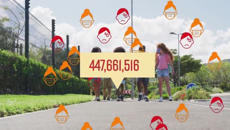 mujer múltiple con iconos de alta temperatura y el aumento de los casos contra un grupo de niños corriendo en el