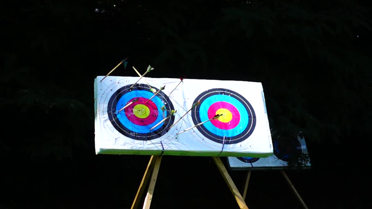 Archery. The arrow hit the target. Slow motion