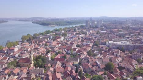 stunning establishing aerial shot of gardos tower in zemun old city, danube belgrade serbia