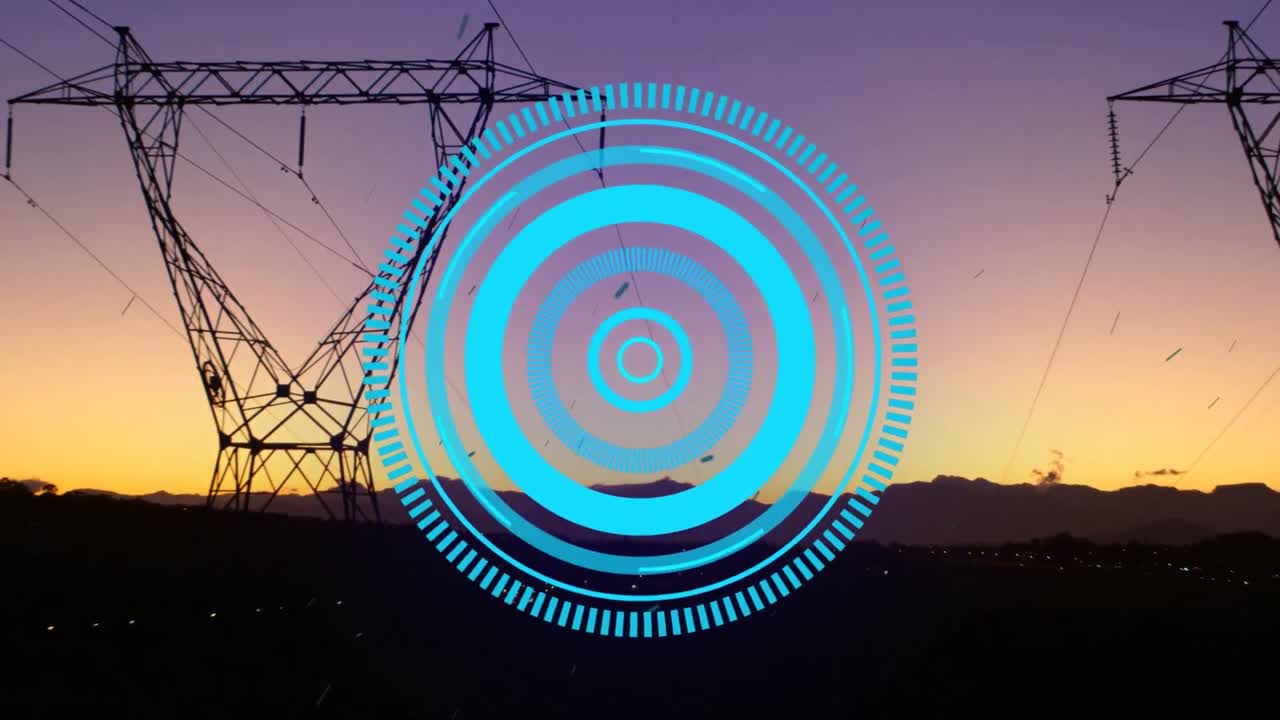 animación del círculo de procesamiento sobre los postes de electricidad al atardecer