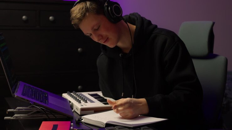 Thoughtful young caucasian man listening to music on headphones while concentrating on writing in a notebook, engaging in music production, composition, and creative work at a desk
