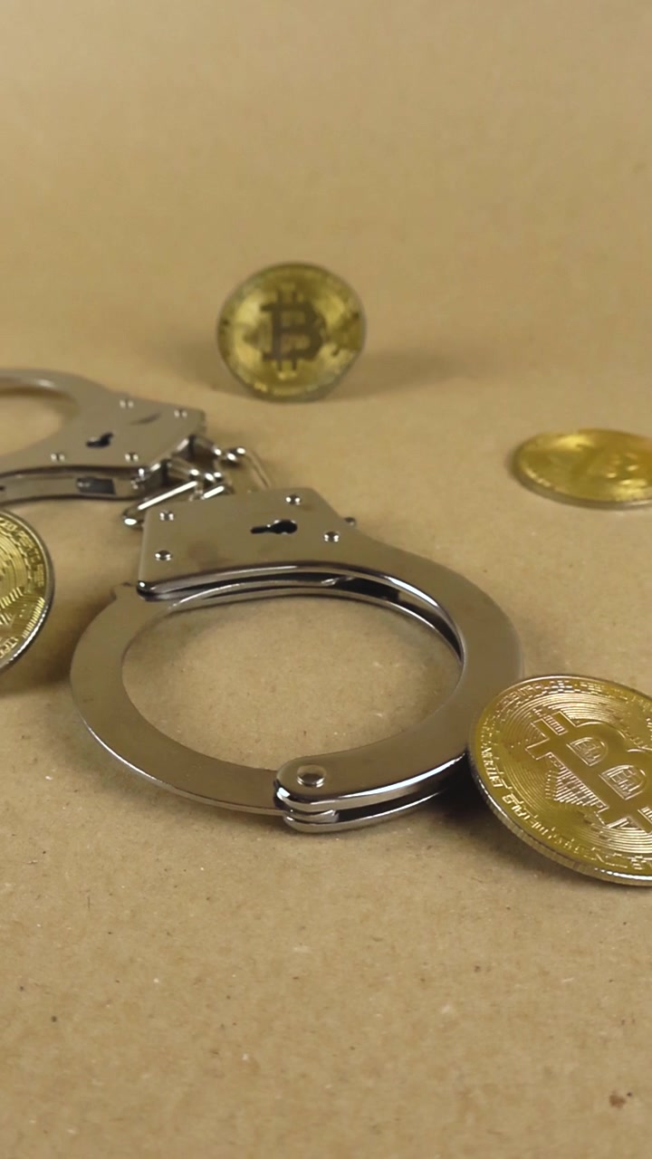Riprese video concettuali che mostrano il lato illegale della finanza digitale con monete fisiche bitcoin dorate e un paio di manette della polizia in acciaio su un tavolo marrone, a rappresentare i crimini legati alle criptovalute