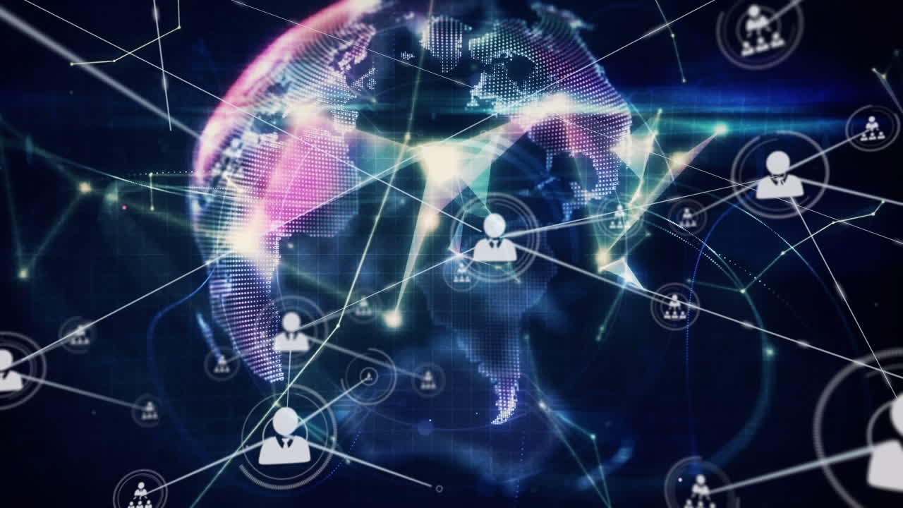 프로필 아이콘의 네트워크와 검은 바탕에 회전하는 플렉서스 네트워크의 글로브의 애니메이션