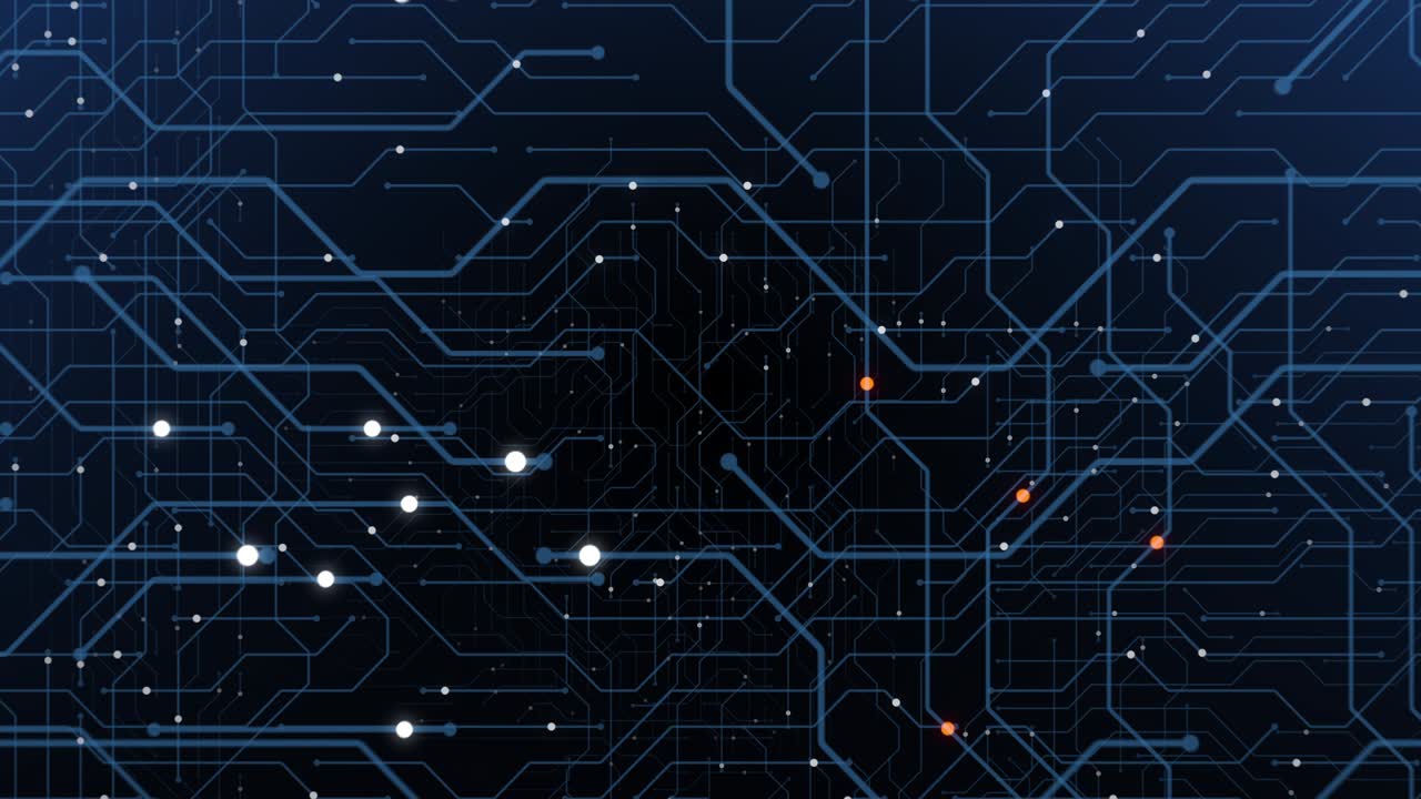 4K seamless loop of print circuit technology cyber and futuristic concept. Circuit Board with moving electrons. CPU processing Data. Futuristic HUD technology Screen Data animation.