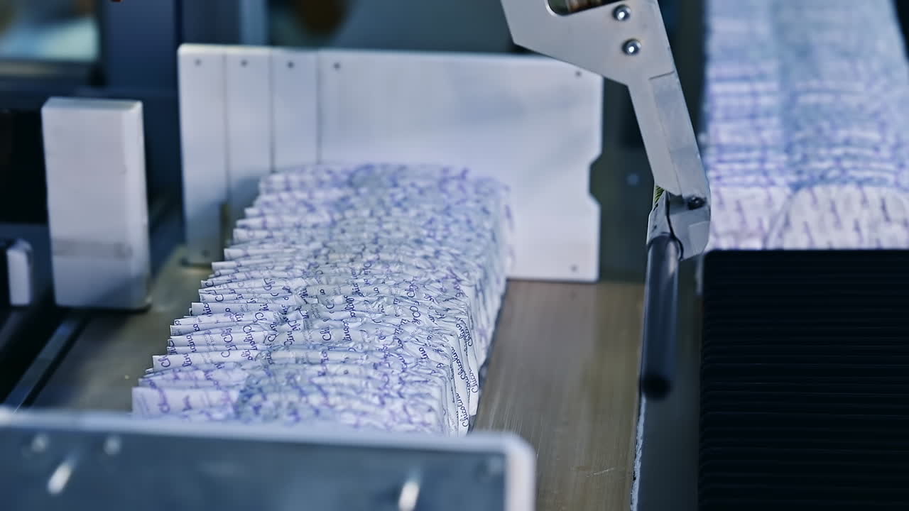 Mechanical packaging of diapers. A batch of diapers is packed on a special machine