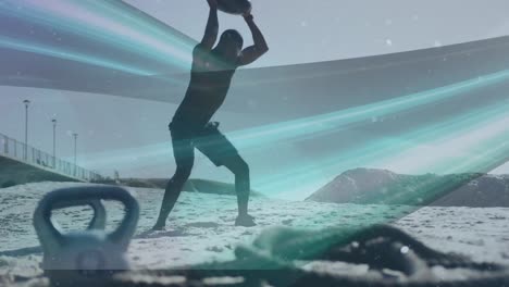 animación de senderos sobre hombre afroamericano haciendo ejercicio en la playa