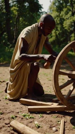 ancient craftsman building a wooden wheel