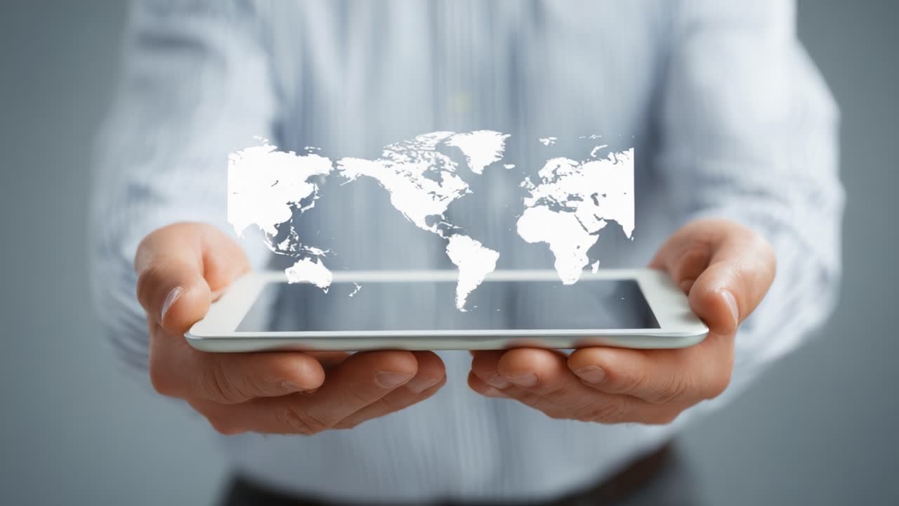 A Person Holding a Tablet Displaying a World Map, Symbolizing Global Connectivity and Digital Information Sharing in a Modern Context of Technology and Communication