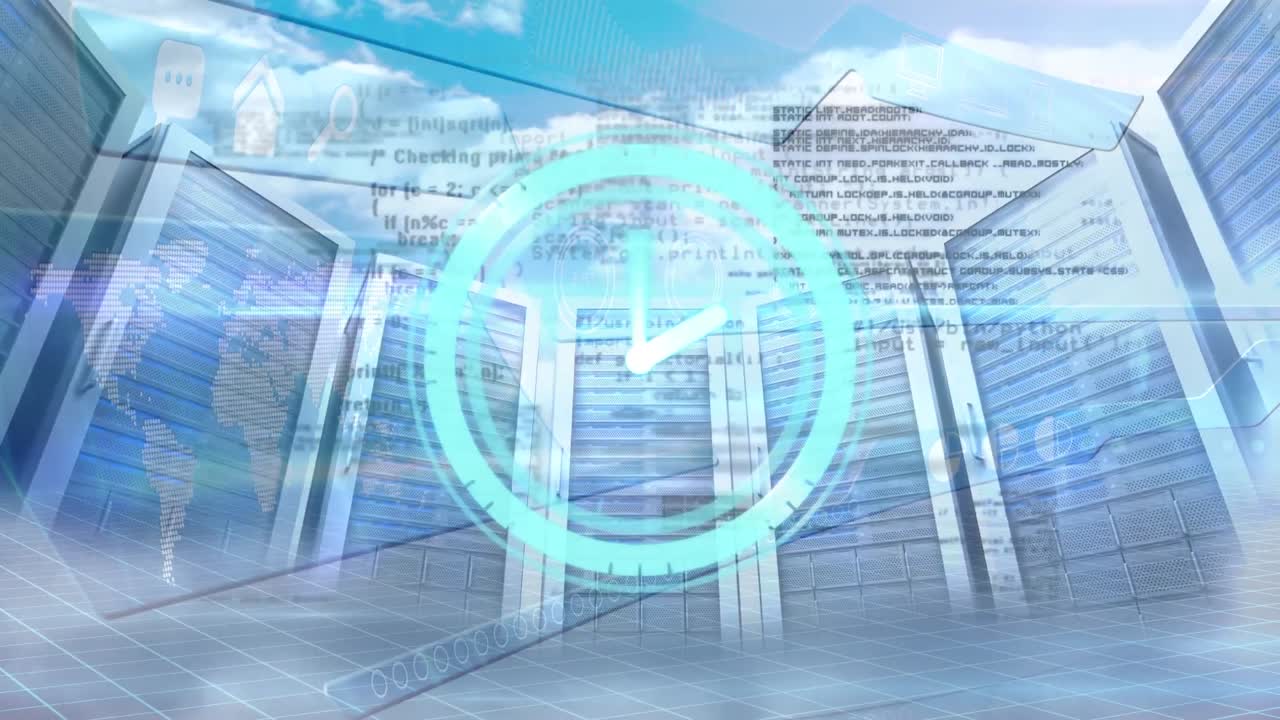 Animation of clock, data processing and servers over clouds