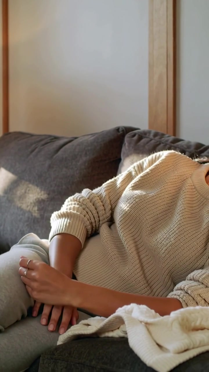 Vertikal video: Solen får kvinde i sweater til at falde til ro derhjemme på mørk sofa med telefon, plads til tekst.
