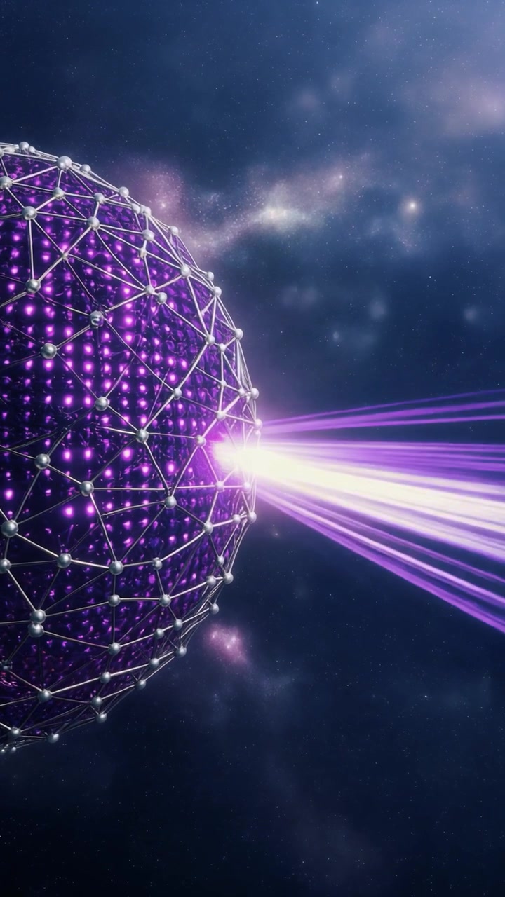 Sfera Viola Luminosa Futuristica che Emette Raggi di Luce nello Spazio Profondo