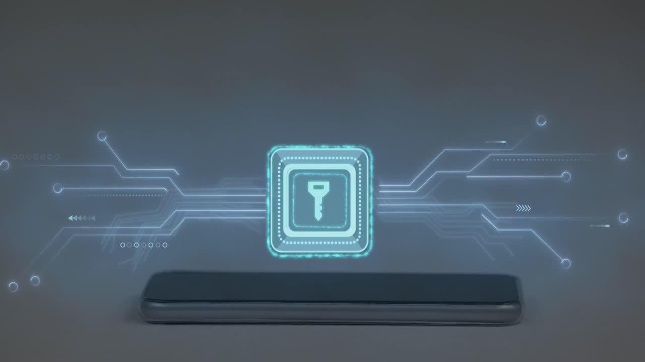 animación del procesamiento de datos a través de teléfono inteligente y llave