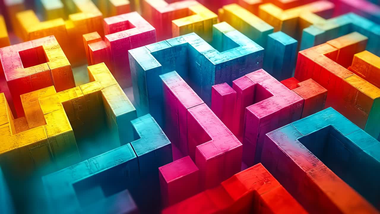 3D block maze of colors. A 3D maze design shows colorful blocks arranged in paths and turns. It creates a complex visual pattern and structure