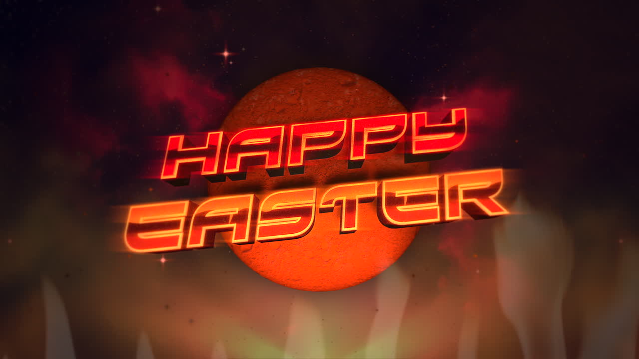Happy Easter with red ball in fire in 80s style