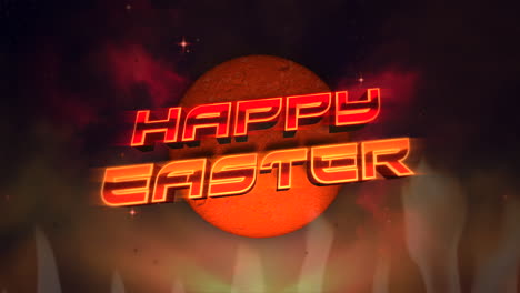 Happy-Easter-with-red-ball-in-fire-in-80s-style