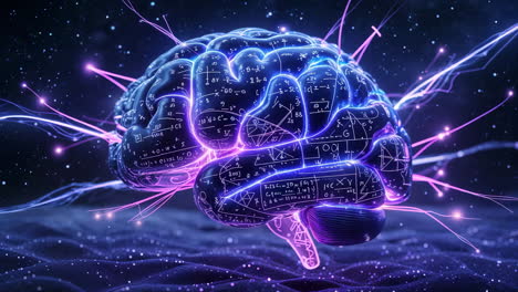 abstract digital brain with mathematical equations and neural connections