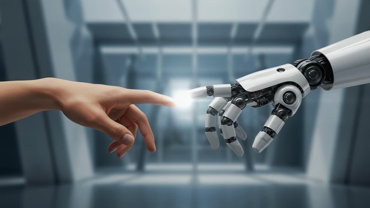The Intersection of Technology and Humanity: A Captivating Moment Between a Human Hand and a Robotic Arm Signifying Connection and Future Possibilities