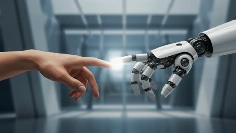 the intersection of technology and humanity: a captivating moment between a human hand and a robotic arm signifying connection and future possibilities