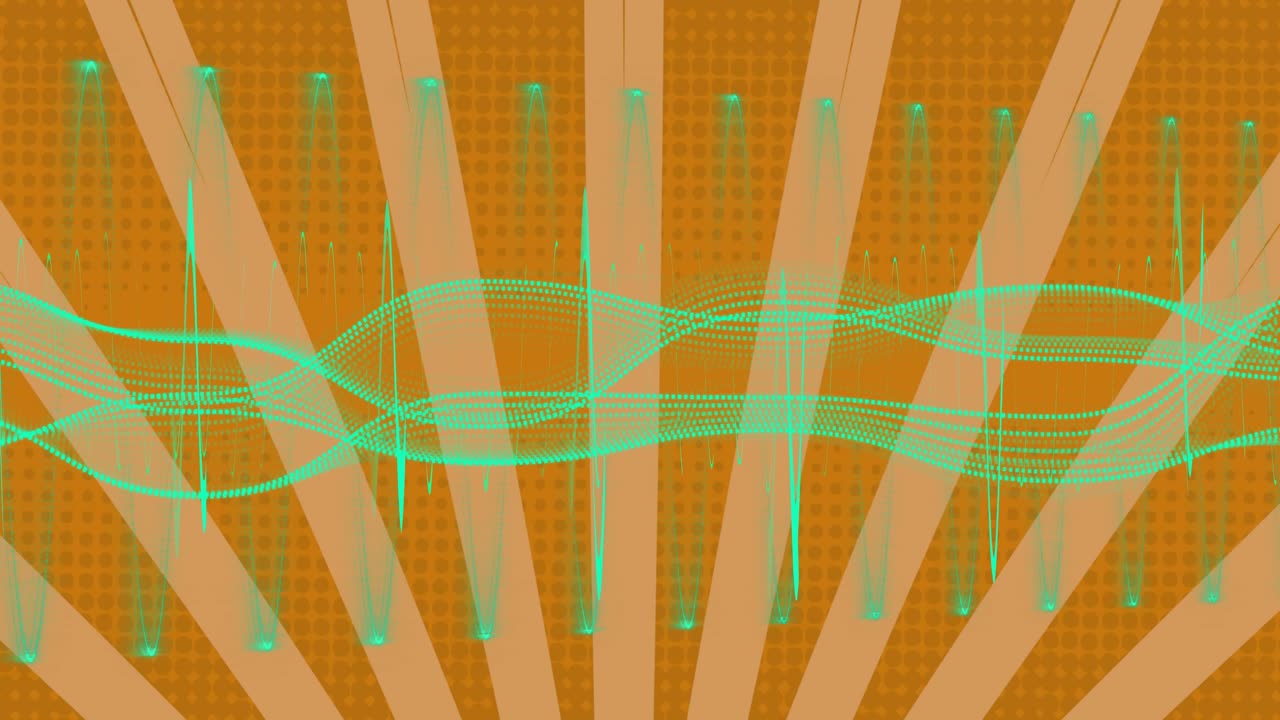 Loop start driving cyan waveform growing, weaving many strands, pulsing spikes, visualizing rhythm