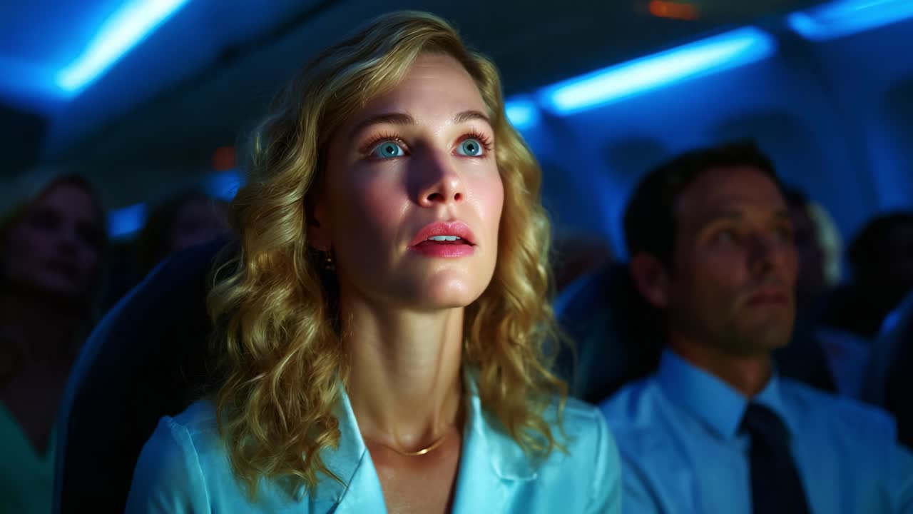 In a tense moment aboard an aircraft, a woman with curly blonde hair and captivating blue eyes stares intently at something ahead, conveying a mix of anxiety and concentration amidst fellow passengers in a captivating scene