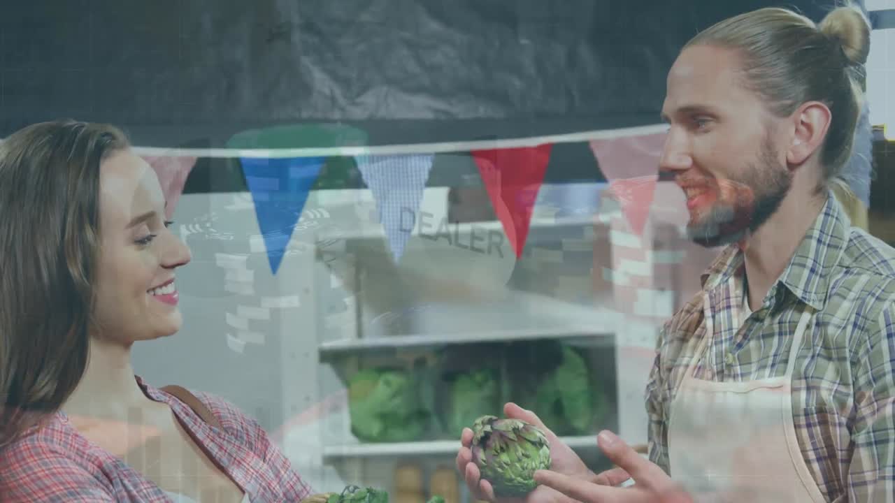 식료품 가게에서 행복한 백인 남성 판매자와 여성 고객에 대한 금융 그래프의 애니메이션