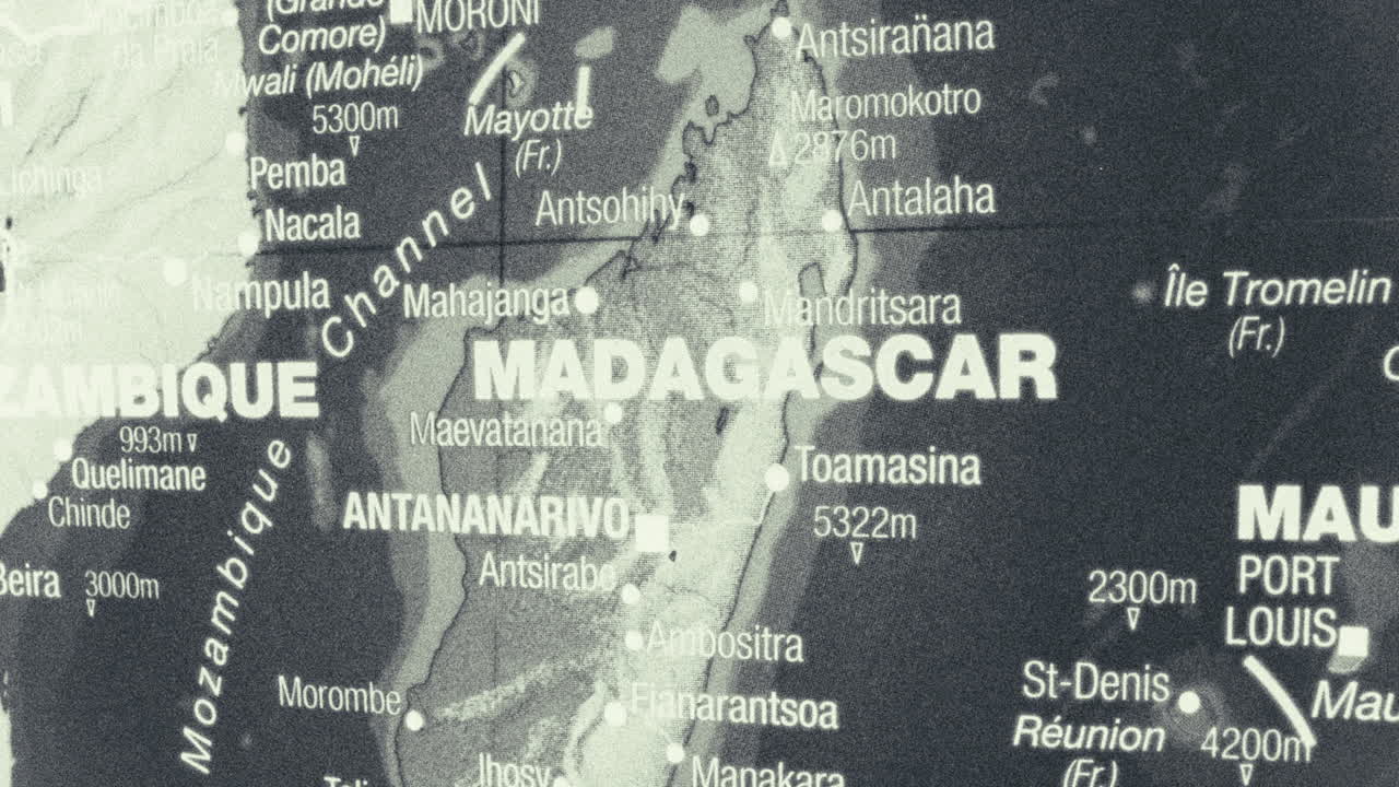 Close-up view of Madagascar and surrounding regions on a map