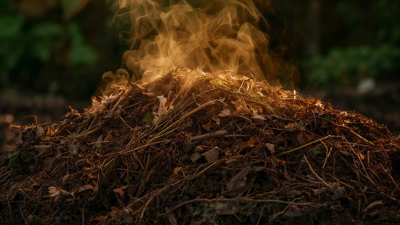 Sun-warming mound of leaves and twigs releasing curling smoke at garden edge, warm-lit summit