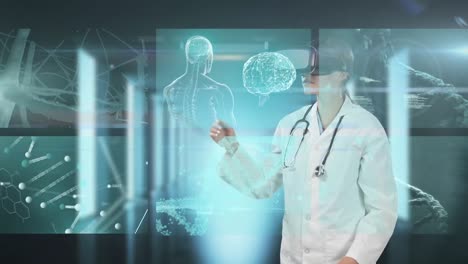 Animation-Einer-Ärztin-Mit-Virtual-Reality-Headset-Und-Wissenschaftlerbildschirmen