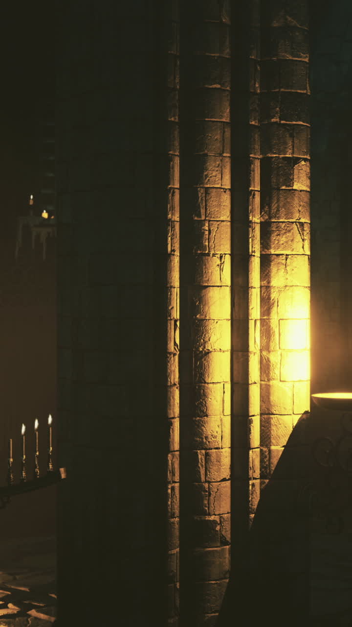 Dimly lit ancient ruins showcase eerie atmosphere with flickering lights