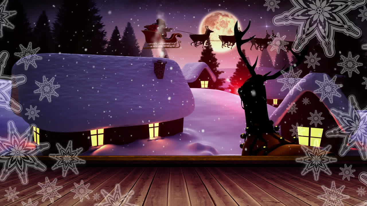 copos de nieve sobre una tabla de madera contra la nieve que cae en el paisaje de invierno y la luna en el cielo nocturno