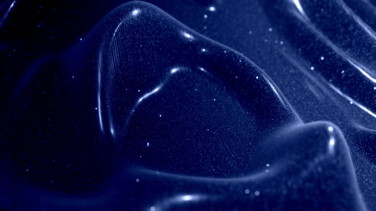 Stylish festive black bg. Fantastical abstract looped background, waves move on glossy surface like landscape made of liquid blue wax with sparkles. Beautiful soft background with smooth animation 4k