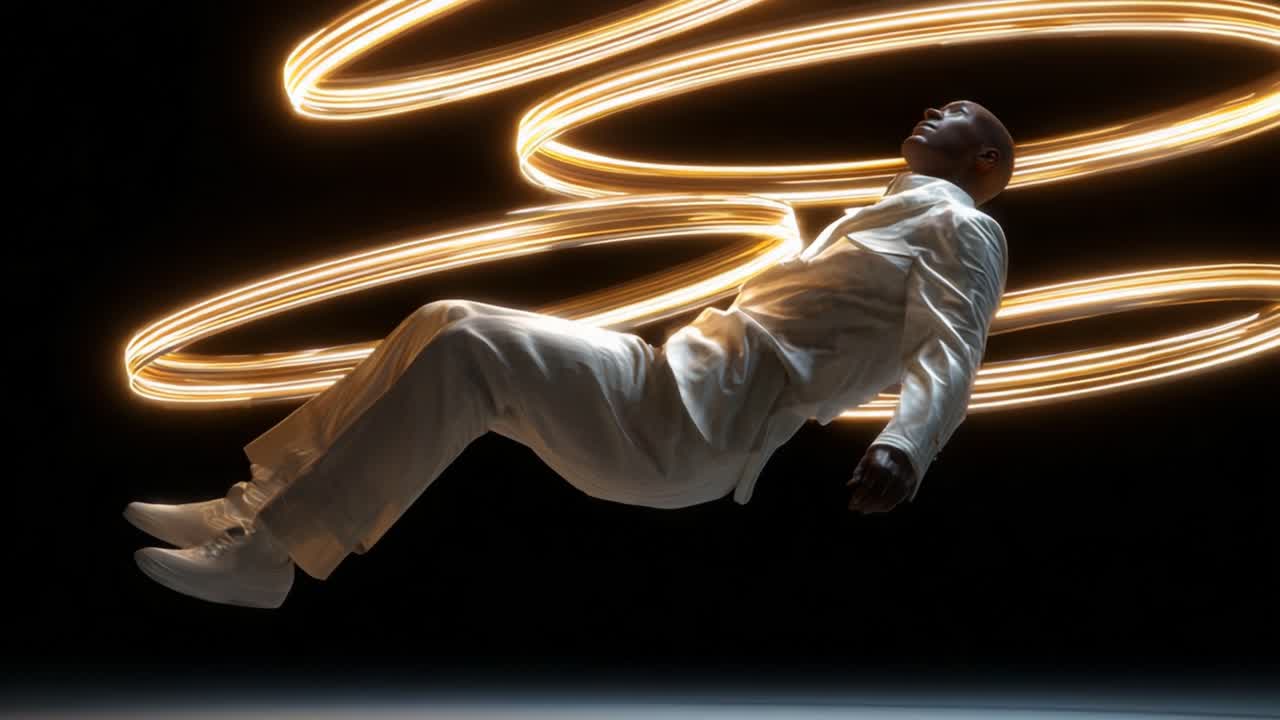 A captivating moment of levitation as a figure in a white suit effortlessly floats surrounded by glowing light trails, creating an ethereal and mesmerizing visual spectacle