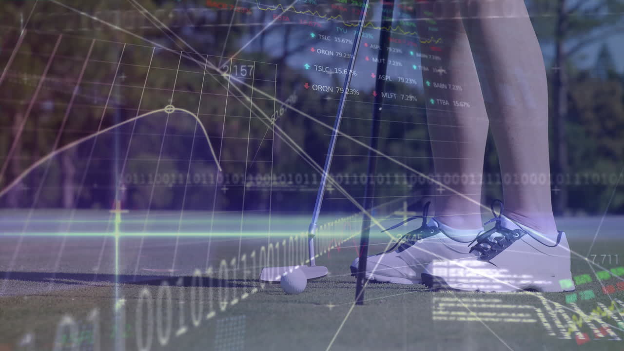 animación del procesamiento de datos sobre una jugadora de golf en el campo de golf