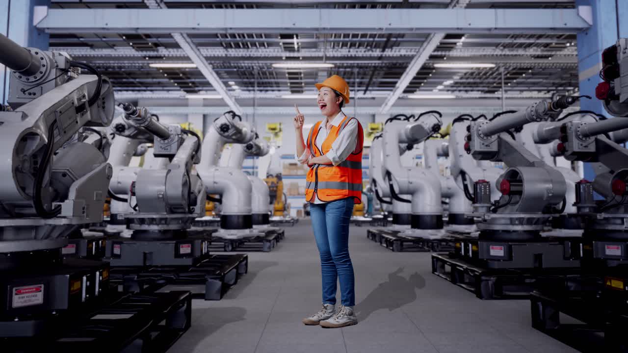 Female Engineer Observing Industrial Robots
